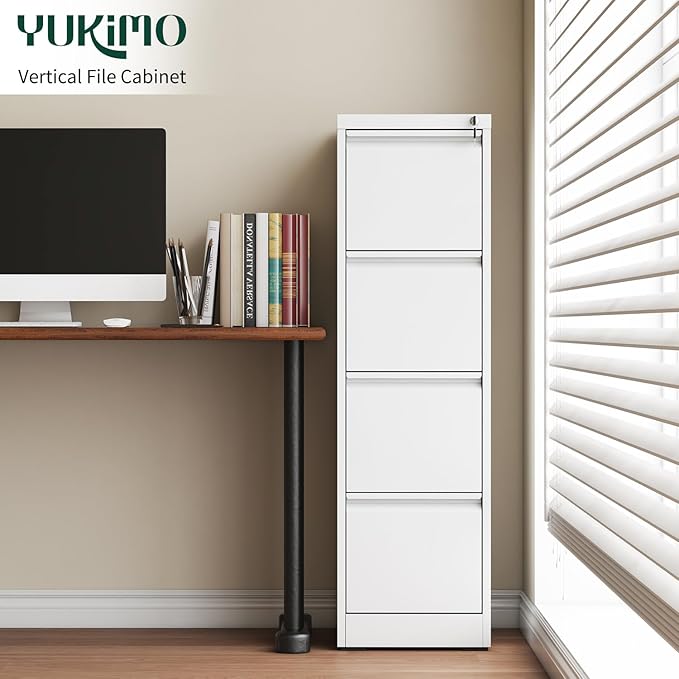 4 Drawer File Cabinet with Lock, Vertical File Cabinet with Lock, Locking File Cabinet Hanging Files for A4/ Legal/Letter, Require Assembly, White