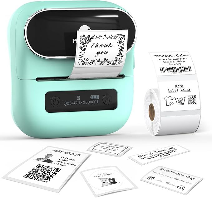 Phomemo M220 Label Maker Green & 1 Roll Transparent Thermal Label 2.76" x 3.15"(70x80mm), Upgrade 3 Inch Barcode Portable Printer, for Office & Small Business, Compatible with Phones&PC