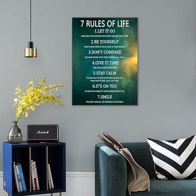 Motivational Canvas Poster Wall Art Home Decor Inspirational 7 Rules Of Life Entrepreneur Quotes Print Positive Theme Painting Artwork for Kitchen Teens Room Office Stretched and Framed [18''Hx24''W]