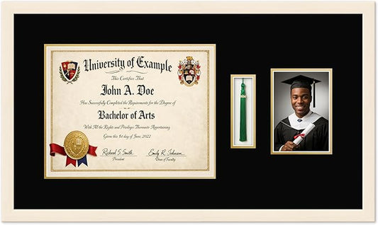 CountryArtHouse Diploma Tassel and Photo Shadowbox Fits 14 x 11 College Diploma (Modern) with Tassel Coastal Whitewash Genuine Hardwood with Black Over Metallic Gold Double mat