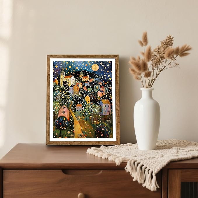 AVECCO Framed Colorful House Village Night Canvas Wall Art, Gustav Klimt Style Moon Stars Tree Wall Decor, Vibrant Starry Landscape Prints for Bathroom Living Room Bedroom Dining Room Office 8x10 in