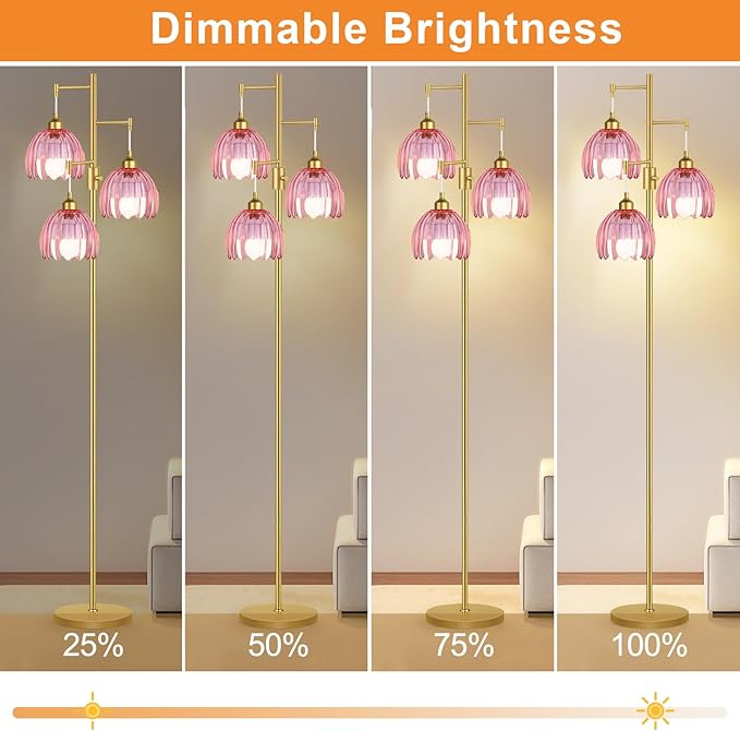 Gold Floor Lamps for Living Room Vintage Pink Floor Lamp with Glass Lmapshape & Three Led Bulb,Dimmable Mid Century Modern Standing Lamp Tall Tree Flower Floor Lamps for Bedroom,Office,Corner