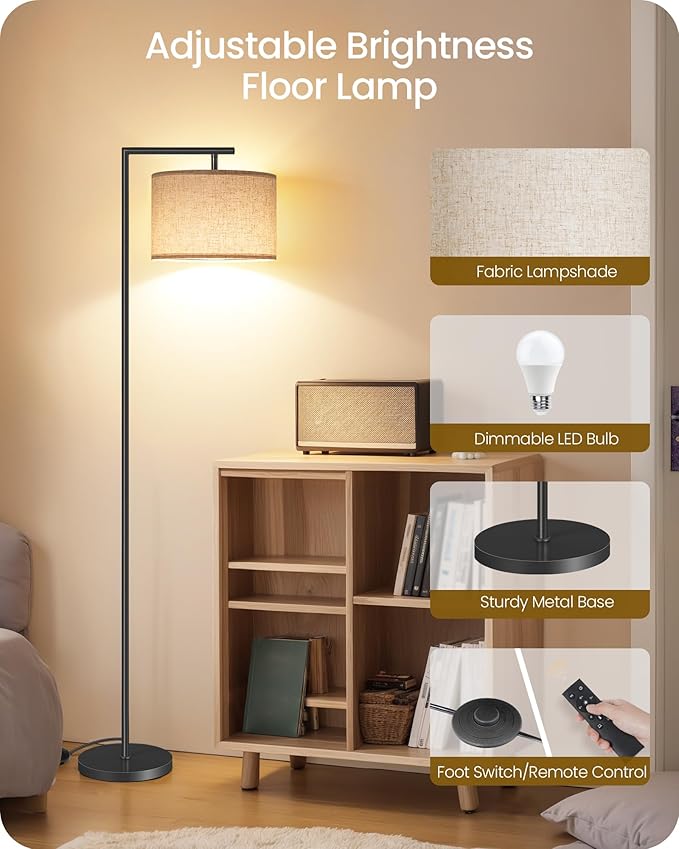 Modern Dimmable Floor Lamp for Living Room with Adjustable Color Temperature LED Bulb, ARC Standing Lamp with Remote Control, Tall Reading Lamp for Bedroom, Office, Black, E11LD05