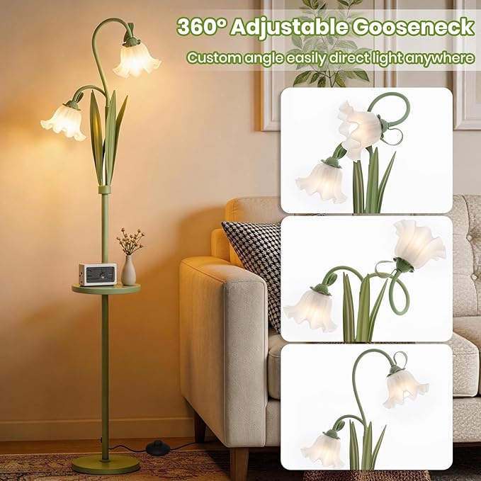 Funky Flower Floor Lamp with Table, Adjustable Gooseneck Floor Lamp with 3 Color Temperature, LED Bright Standing Lamp for Living Room, Bedroom, Corner, for Girl Women