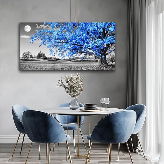 wall art for living room Simple Life Blue moon tree landscape Abstract painting office Wall Decor 24" x 48" single Pieces Canvas Prints Ready to Hang for Home Decoration Black and white Works of art