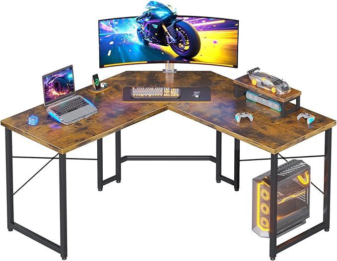 Casaottima 51 Inch L Shaped Gaming Desk, Corner Table Sturdy Workstation for Home Office, Writing, Gaming, Computer Desk for Small Space, Easy Assembly, Rustic Brown