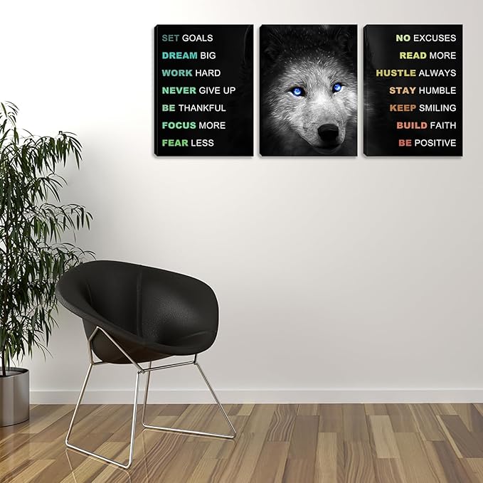 Azrosap Motivational Office Wall Art Wolf Wall Art 3 Piece Black Wall Decor Inspirational Black Positive Sayings Print Pictures Canvas Art for Women Men Framed Poster Artwork for Office (60" Wx28 H)