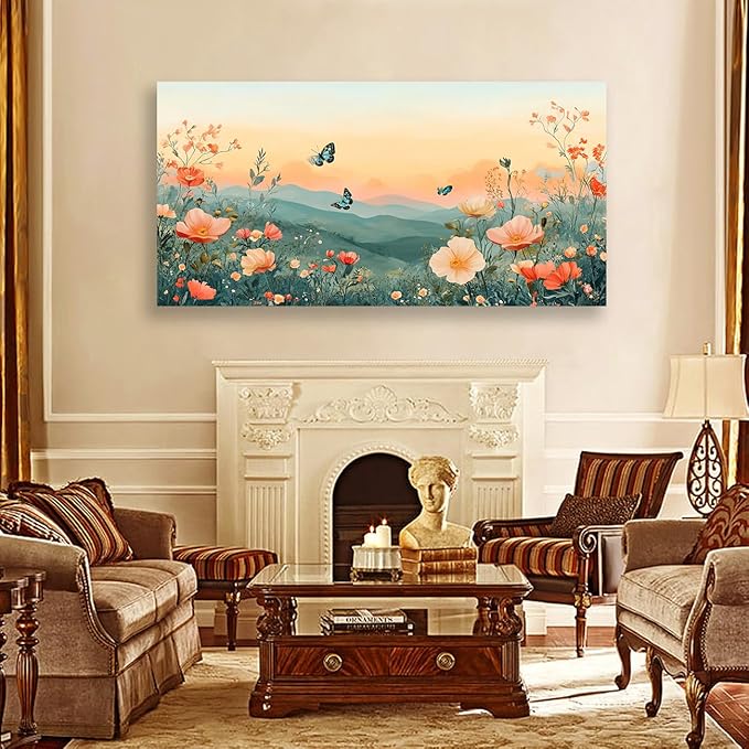 JLXART Large Canvas Wall Art Mountain Landscape with Flowers and Butterflies Living Room Decor Floral Nature Print Bedroom Office Wall Decor Framed Art 30 x 58 inches Ready to Hang