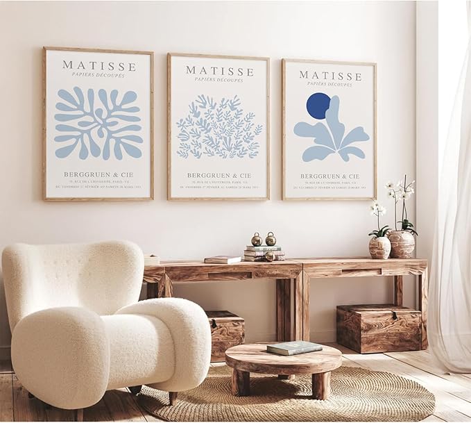 Youillne Henri Matisse Wall Art Prints Abstract Aesthetic Canvas Wall Art Blue Wall Decor Abstract Matisse Poster Minimalist Pictures Flower Market Painting for Bathroom 12x16 Inch Unframed Set of 3