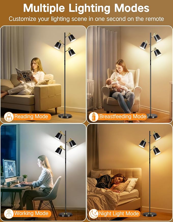 OUTON Tree Floor Lamp, LED Dimmable Floor Lamp with Remote and Touch Slide Control, 4 Color Temperatures, 3 Rotatable Lights, Modern Standing Lamp for Living Room Bedroom Office, Black Gold