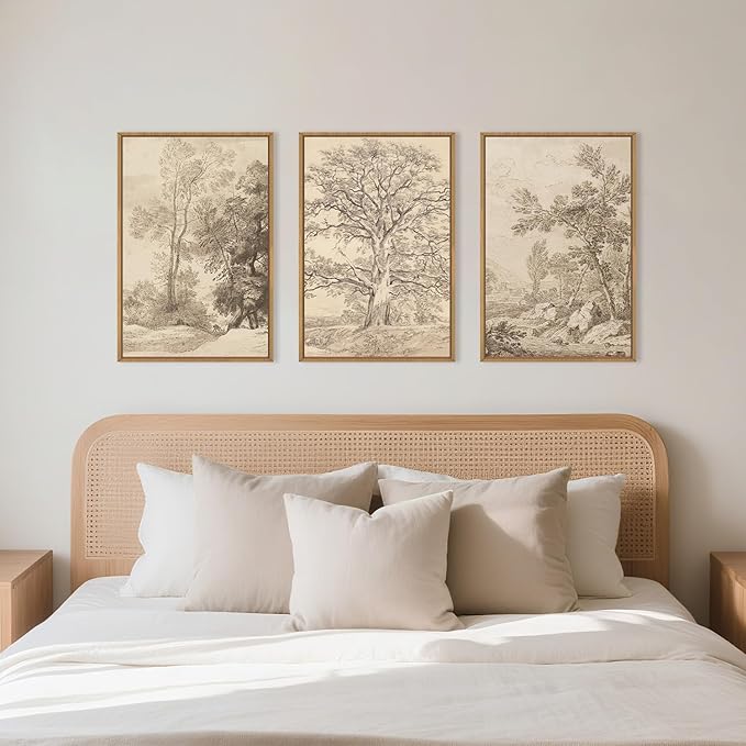 Ausril Large Vintage Sketchbook Framed Canvas Wall Art Set, Minimalist Tree Sketch Wall Decor, Neutral Botanical Wall Painting, Boho Nature Landscape Art Print Living Room, Bedroom, Office 16"x24"x3