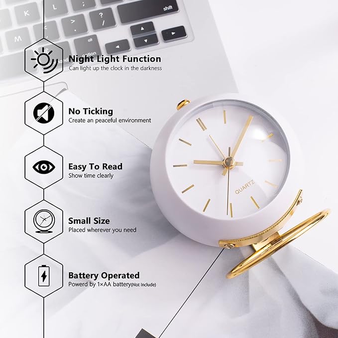 AYRELY® Battery Operated Desk Alarm Clocks with Light,Retro Silent No Ticking Analog Small Clock,Loud Table Clock for Bedside/Bedroom/Kitchen/Office/Travel/Kids/Room Decor Aesthetic Vintage(White)