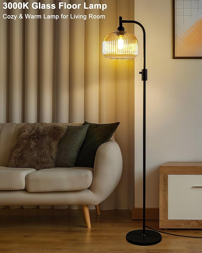 Lightdot 64IN Glass Floor Lamp for Living Room, Dimmable Modern Standing Lamps with Brown Ribbed Glass Shade, Industrial Floor Lamp with Bulb Included for Bedroom/Sofa Beside/Corner Decor-Black