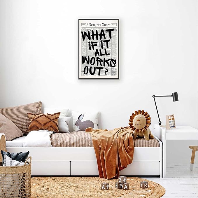 Retro Black And White Newspaper Poster What If It All Works Out Canvas Wall Art Positive Affirming Quote Minimalist Prints Painting For Home Bedroom Dorm Wall Decor 12x18in Framed