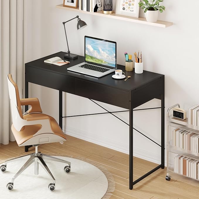 Giantex Computer Desk with 2 Drawers, 44 Inch Home Office Desk with Anti-Toppling Device & Metal Frame, Compact Laptop PC Table, Makeup Vanity Table, Modern Study Writing Desk for Small Spaces (Black)