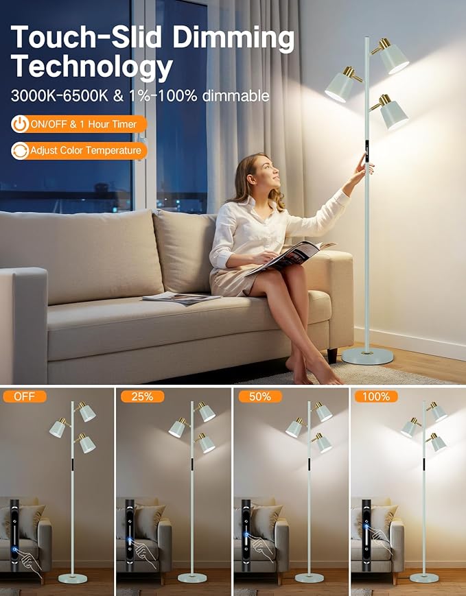 OUTON Tree Floor Lamp, LED Dimmable Floor Lamp with Remote and Touch Slide Control, 4 Color Temperatures, 3 Rotatable Lights, Modern Standing Lamp for Living Room Bedroom Office,Teal & Gold