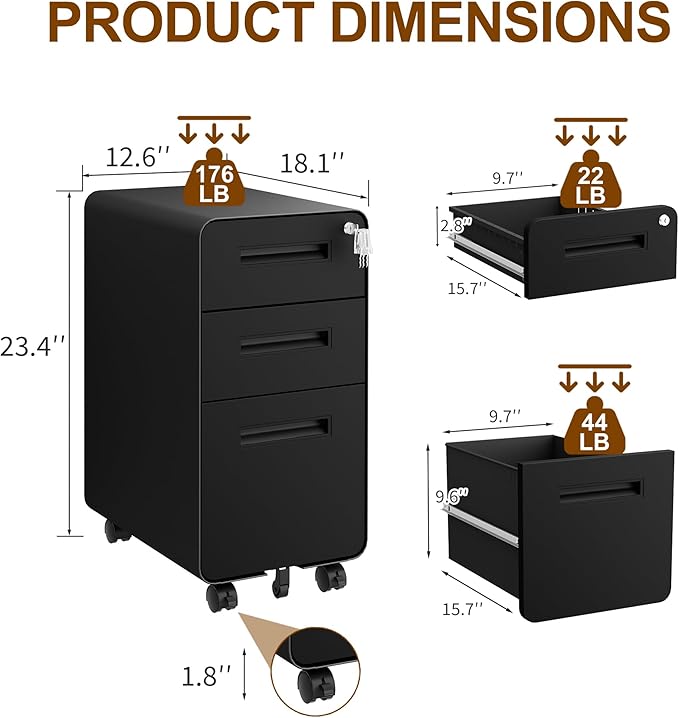 3 Drawers Slim File Cabinet, Mobile Filing Cabinet with Lock, Steel, Fully Assembled Except Casters, for Home Office, for A4, Letter, Legal File Folders, Black