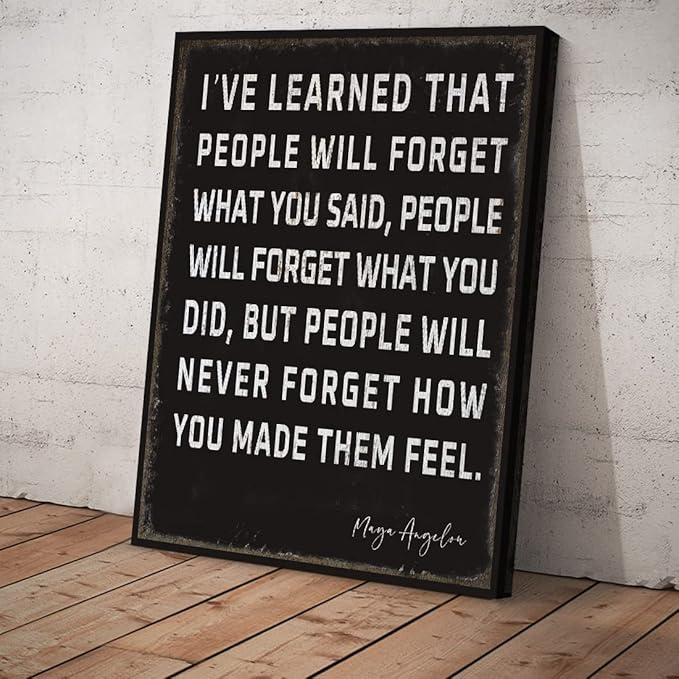 WOWGOOMO Retro Inspirational Canvas Wall Art Maya Angelou Quotes I've Learned That People Will Never Forget How You Made Them Feel Motivational Positive Painting Wall Decor for Home Office Framed Gift