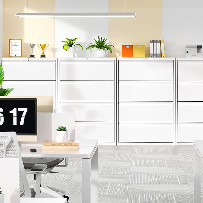 INTERGREAT 4 Drawer File Cabinet, Metal Lateral Filing Cabinet for Home Office, Locking Horizontal File Cabinets for Hanging Files Letter/Legal/F4/A4 (White)