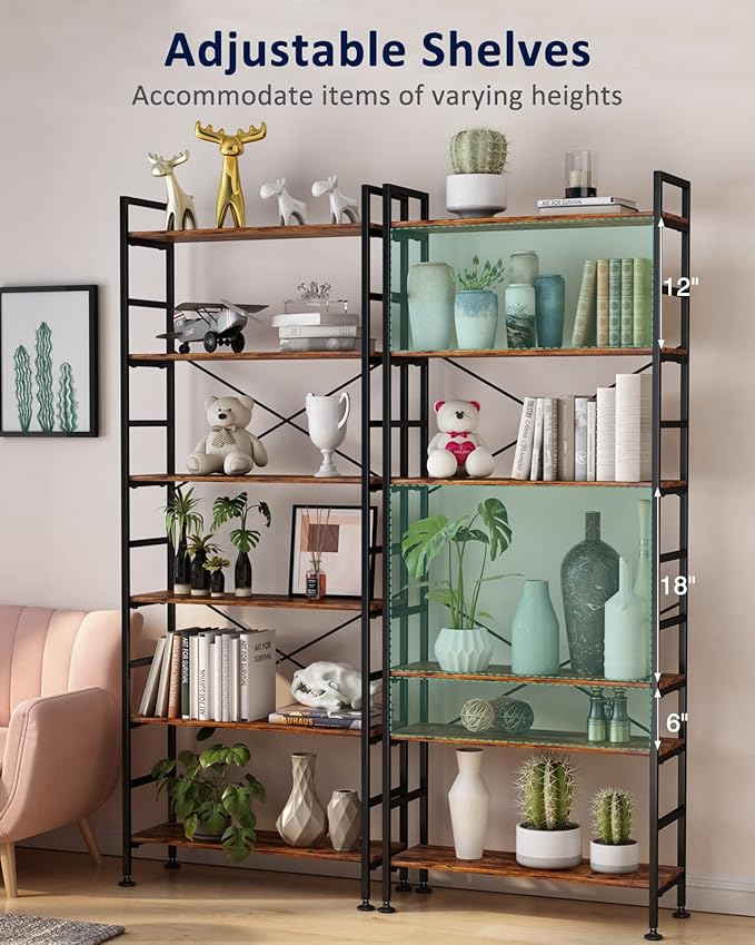 6-Tier Adjustable Tall Bookcase, Rustic Wood and Metal Standing Bookshelf, Industrial Vintage Book Shelf Unit, Open Back Modern Office Bookcases