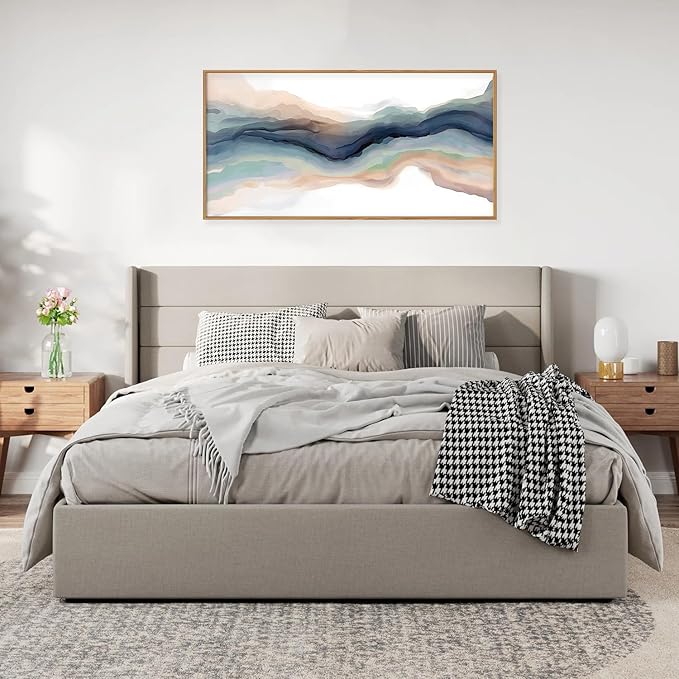 HLNIUC Navy Blue Abstract Framed Canvas Wall Art, Watercolor Wave Line Horizontal Wall Decor, Long Teal Orange Coastal Artwork(40"x20"), Large Neutral Modern Prints for Living Room, Bedroom, Office