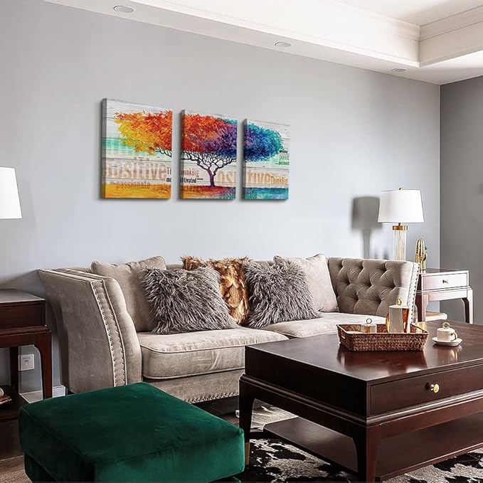 Boho Abstract Color Tree Wall Paintings - 3 Piece Set for Living Room, Bedroom, Office & Bathroom - Ready to Hang Artworks
