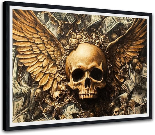 Dollar Wall Art Skull Wings Money Posters Wall Decor Dark Gothic Mysticism Style Canvas Print Artwork for Office Living Room Decor Ready to Hang 12X16inch
