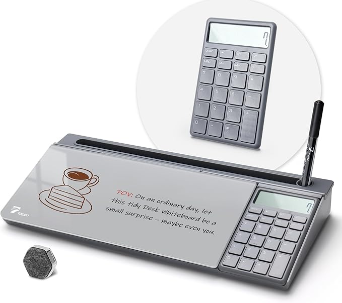 TOWON Desktop Glass Whiteboard with Basic Calculator, 12 Digit LCD Display, Desk Organizers with Accessories for Office, Home, School Supplies, Storage with Dry Erase Board Surface, Gray, 18'' x 6''