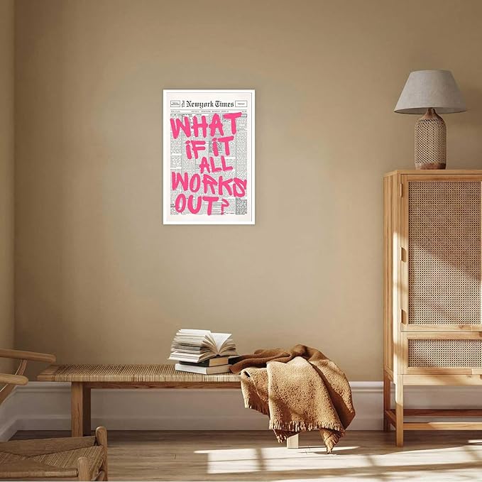Drimiler Retro Newspaper Pink Font Poster What If It All Works Out Canvas Wall Art Positive Affirming Quote Minimalist Prints Painting For Home Bedroom Dorm Wall Decor 12x16in Unframed