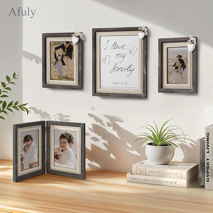 Afuly 4x6 Rustic Picture Frame White Heart Picture Frame Cute Burlap Distressed Wood Photo Frames Farmhouse Decor for Wall or Tabletop Display, Birthday Gifts for Mom Grandma