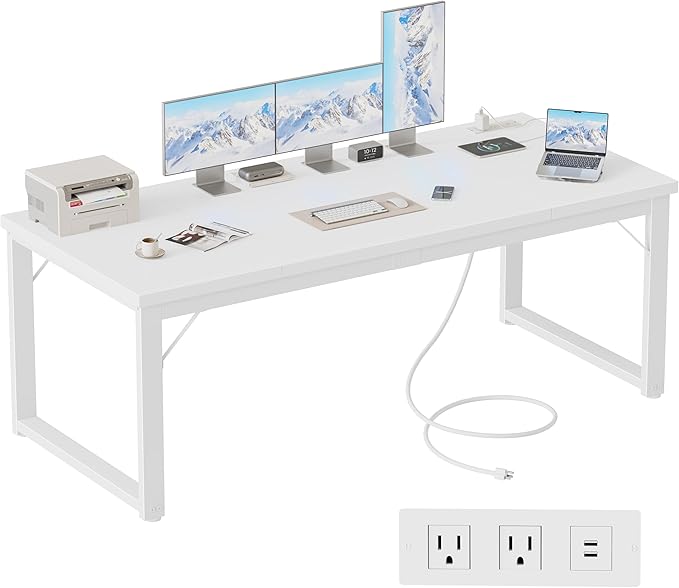 Mericonia 63 Inch Large Computer Desk with Power Outlets, 1.2" Thick Heavy Duty Industrial Office Desk, Modern Simple Study Writing Table for Home Office Bedroom Workstation, White
