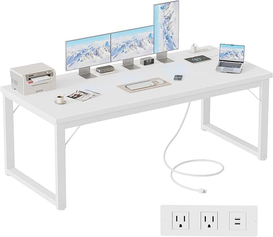 Mericonia 63 Inch Large Computer Desk with Power Outlets, 1.2" Thick Heavy Duty Industrial Office Desk, Modern Simple Study Writing Table for Home Office Bedroom Workstation, White
