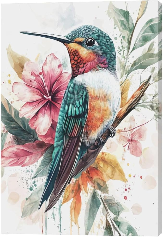 Watercolor Hummingbird Wall Art Country Flower Bird Pictures Wall Decor Colorful Canvas Painting Modern Home Artwork Decorations for Bathroom Bedroom Living Room Office Framed 16"x24"