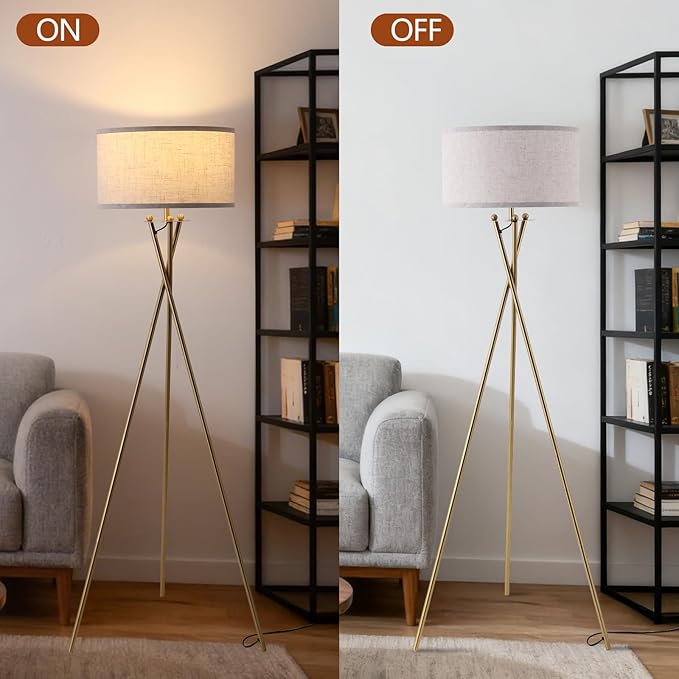 Modern Tripod Floor Lamp, Mid Century Reading Standing Lamp with 3 Color Temperatures and Foot Switch, Modern Night Light for Living Room, Bedroom, Office Décor, Gold
