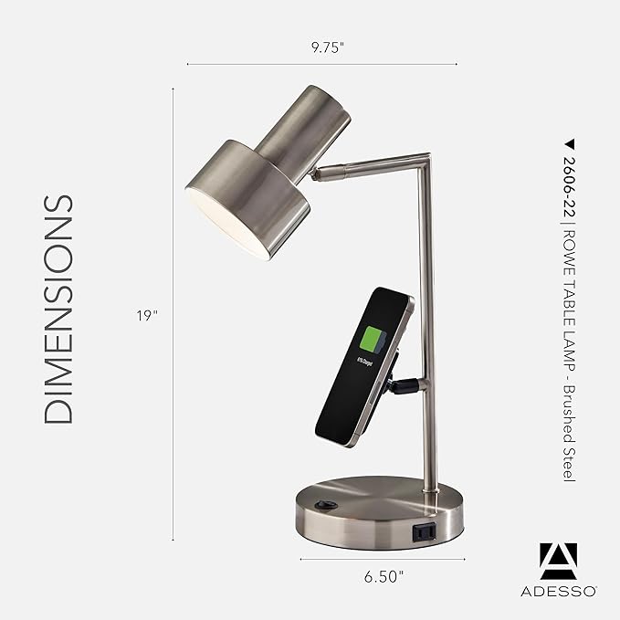 Adesso Supercharger Lamp with USB-A, USB-C, AC Outlet & Wireless Charging Pad – Brushed Steel Desk Lamp with Adjustable Shade and Power Station Base for Home, Office, or Dorm