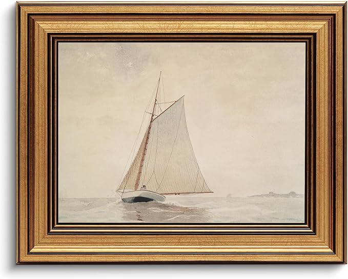 Gold Framed Wall Art Vintage Canvas Wall Art White Sailboat Seaview Seascape Artwork Prints Picture for Living Room Bedroom Farmhouse Bathroom Office Decor, 8x10