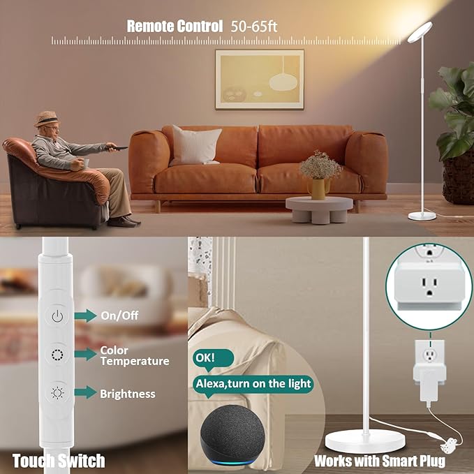Floor Lamp, Upgraded 40W 4000LM Super Bright Torchiere LED Floor Lamps for Living Room, Stepless Dimmable Color Temperature 2700K-6500K with Remote & Touch Control, Standing Light (40W White)