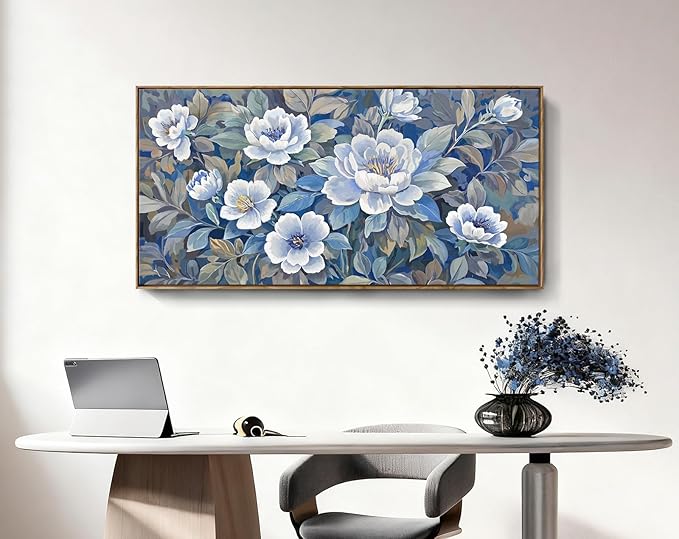 amatop Large Living Room Wall Decor - Floral Canvas Wall Art, Framed Art work, Modern Style Print, Blue Art Decor Picture For Bedroom Dining Room Office 48X24