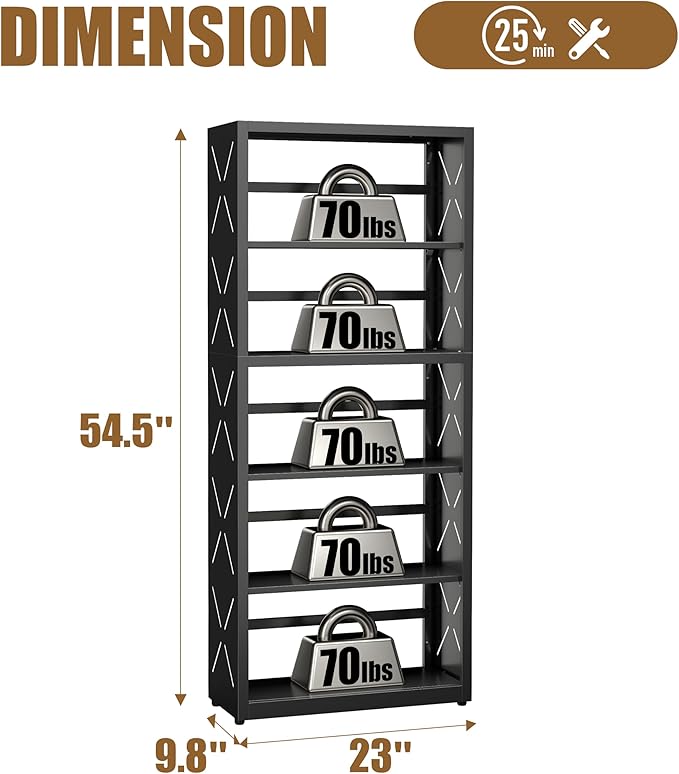 5 Tier Bookshelf, 55"Tall Metal Bookcase with Adjustable Shelves, Modern Display Book Shelf, Black Bookcase Shelf, Utility Shelf, Storage Shelves for Office, Living Room, Kitchen, Study-23"W