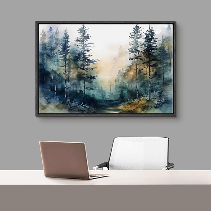 SIGNFORD Framed Canvas Print Wall Art Pine Tree Forest Nature Wilderness Realism Decorative Landscape Relax/Calm for Living Room, Bedroom, Office - 16"x24" Black