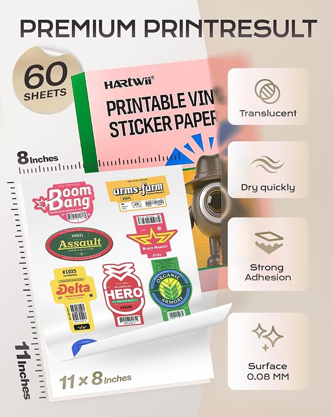100% Clear Vinyl Sticker Paper 60 Pack, 8.5x11 Inches Transparent Printable Sticker Sheets for Inkjet Printer, Quick Drying, Vivid Colors, Tear Resistant – Ideal for Crafts & Cutting Machines