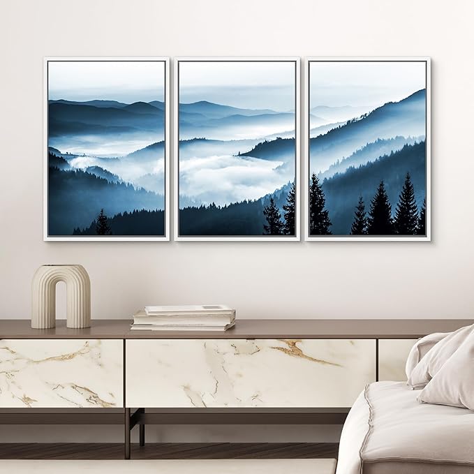 SIGNWIN Framed Canvas Print Wall Art Set Misty Blue Duotone Mountain Range Forest Nature Wilderness Photography Modern Decorative Colorful Rustic for Living Room, Bedroom, Office - 24"x36"x3 White