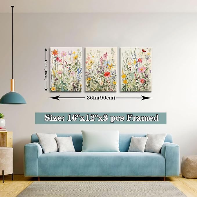 KISSFOX 3 Piece Canvas Wall Art Wildflowers Wall Decor Floral Pictures Botanical Paintings Watercolor Prints Colorful Artwork For Bedroom Bathroom Living Room