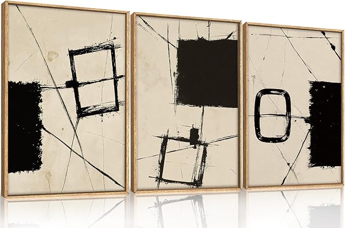 HOURIA Nordic Abstract Black & Beige Brush Stroke Framed Canvas Wall Art Set,Minimalist Geometric Grunge Line Shapes Ink Sketch Decor,Neutral Modern Drawing Artwork for Living Room,Farmhouse-16"x24"x3