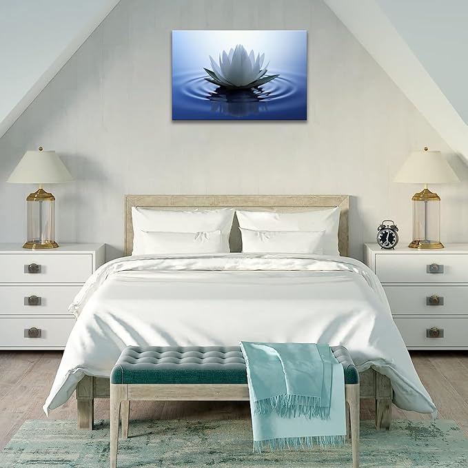 White Lotus Wall Art Canvas Pictures Print Spiritual Meditation Artwork Poster for Yoga Room Bathroom Zen Spa Photo Decor Framed Ready to Hang(16x24inch)