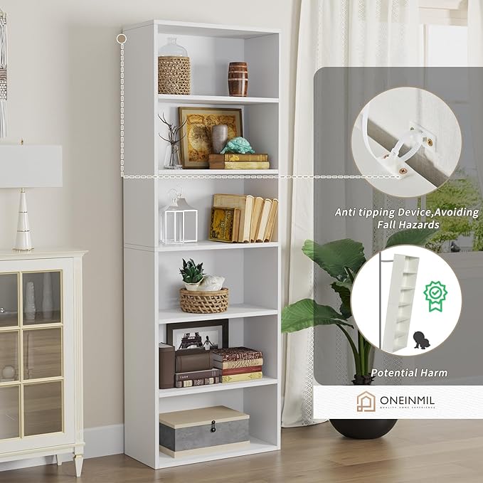 oneinmil Bookcase and Bookshelf, Floor Standing 6-Tier High Bookshelf, Display Storage Rack, Home Decorative Furniture, Suitable for Home Offices, Living Rooms, and Bedrooms,White