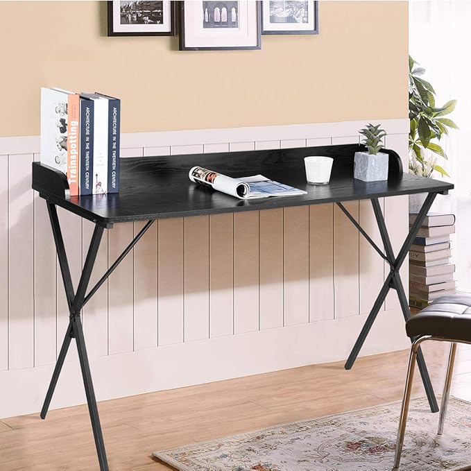 Homy Casa Modern Black Computer Desk with X-Frame Metal Legs, 47.2" x 19.7" Writing Table, Raised Edge, Minimalist Home Office Workstation