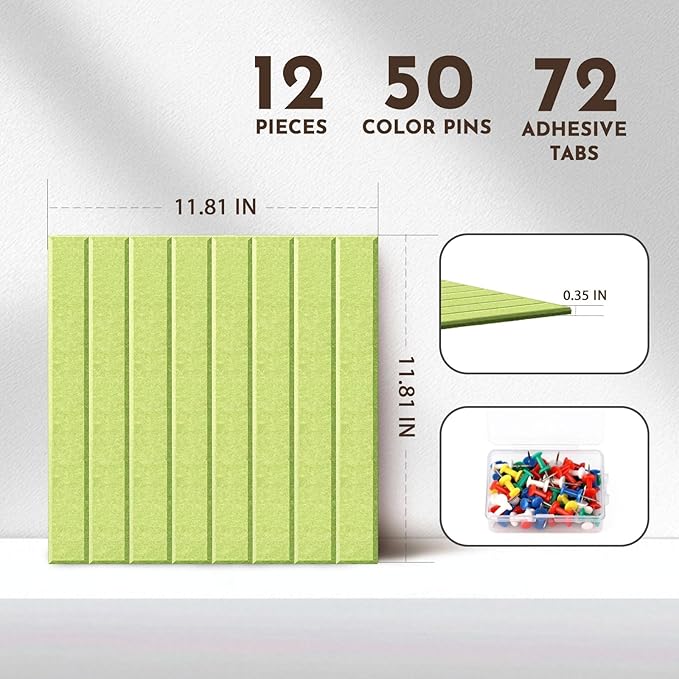 MISSDAY Large Felt Bulletin Board 48" x 36" Cork Board for Wall, 12-Pack Cork Boards with 72 Safe Removable Adhesive Tabs, 50 Pushpins, Pin Board for Home Office Classroom Soundproof Wall Tile, Green