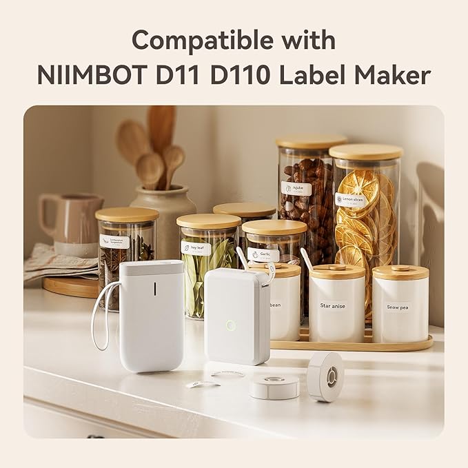 NIIMBOT Label Maker Machine Bluetooth Label Printer for School Home Office Organization, Wireless Mini Labeler D110 Upgraded Version, Label Machine with 6 Roll Label Tapes（12x40mm+15x50mm, White