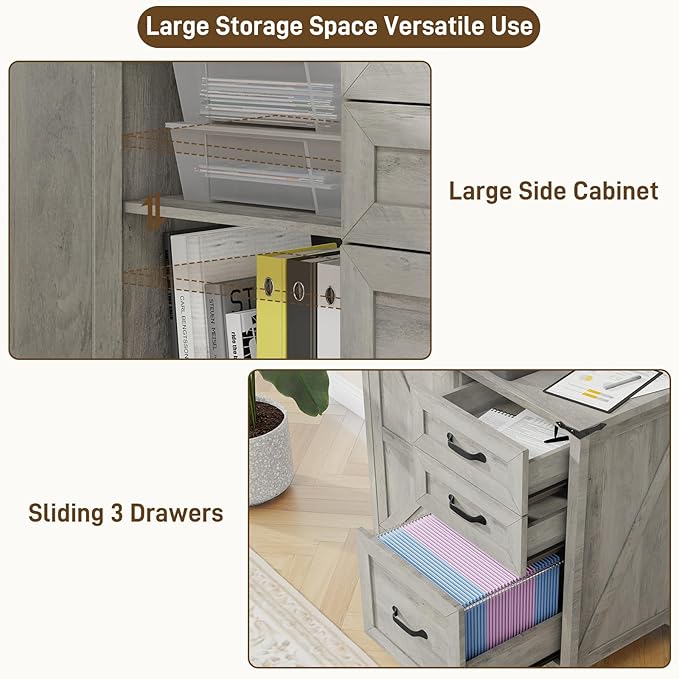 Farmhouse Lateral Filing Cabinet, Lateral File Cabinet with 3 Drawers and Storage Cabinet Wooden Printer Stand with File Drawer for Letter/A4 Size Hanging File for Home Office, Rustic Grey